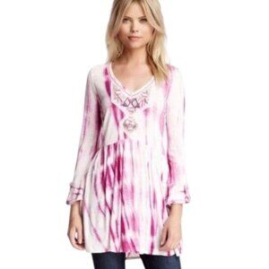 Free People Sun Up Beaded V Neck Tunic Dress Berry Combo